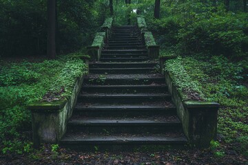 Mystical staircase surrounded by lush greenery beckons adventure through the woods