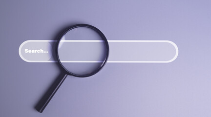 Job search, Magnifying glass and search bar on colored background, Job recruitment website