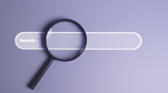 Job search, Magnifying glass and search bar on colored background, Job recruitment website