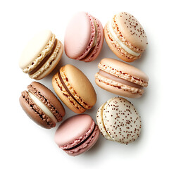 Delicate and airy French macarons with smooth rounded shells and a creamy filling, isolated white background, modern art style