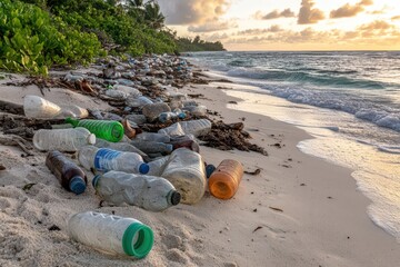 Tranquil beach disrupted by plastic waste at sunset on a secluded tropical shore