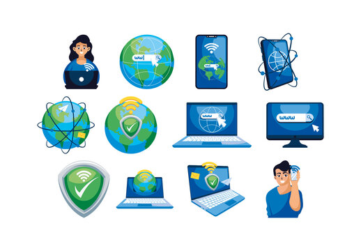 Blue Global Internet Connection Security Icons Set