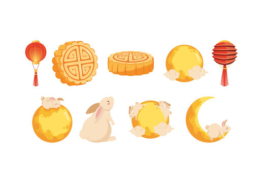 Yellow Rabbit Moon Lantern Festival Illustration Set