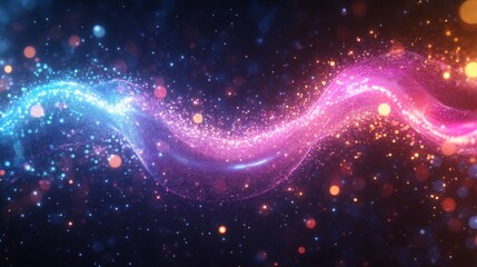 Fototapeta premium Abstract Wavy Pattern with Glittering Light Effects and Blue Purple and Gold Sparkles Against a Dark Background