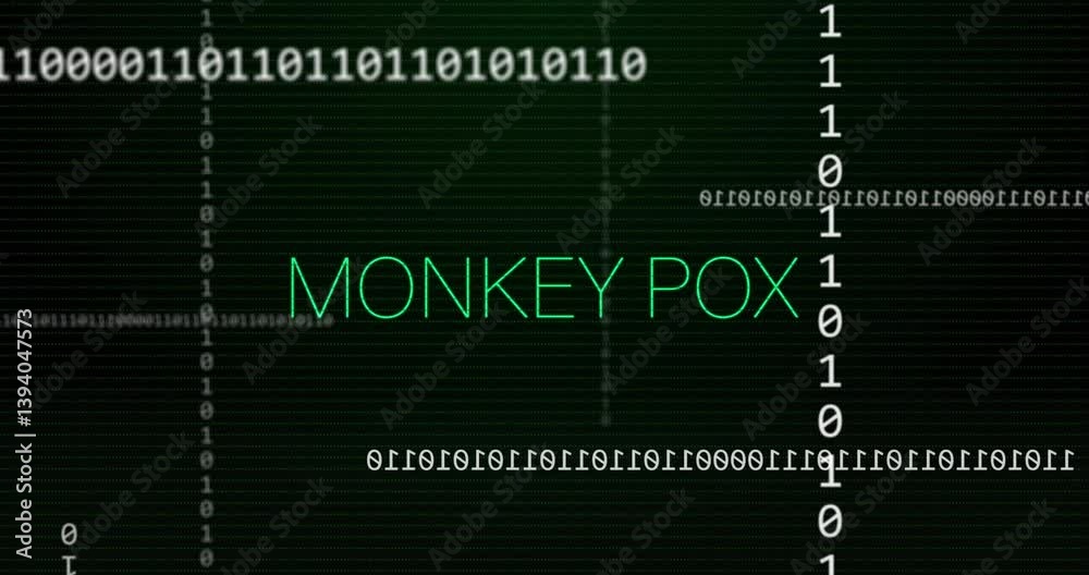 Poster animation of binary code with monkey pox text on digital green background