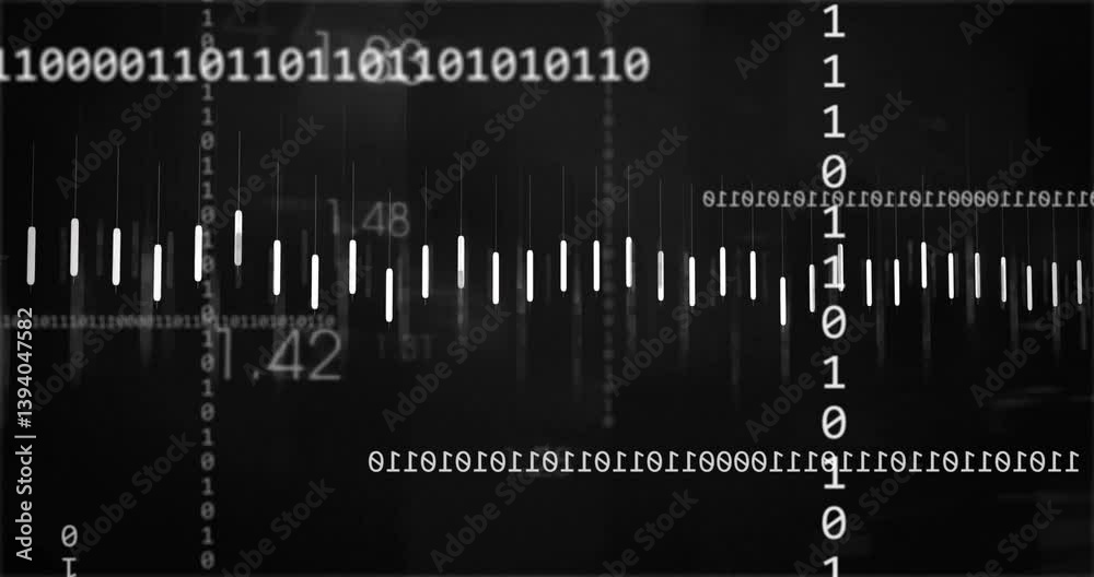 Poster binary code and numerical data processing animation on dark background