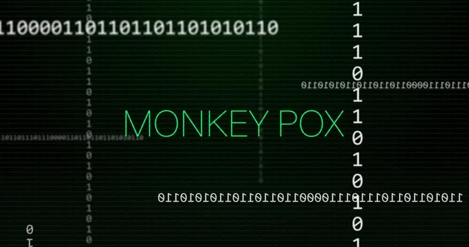 Animation of binary code with Monkey Pox text on digital green background