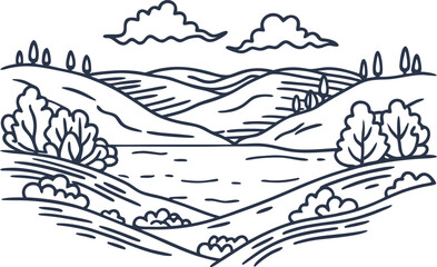 peaceful countryside landscape scene with rolling hills, trees, and serene sky, rural serenity