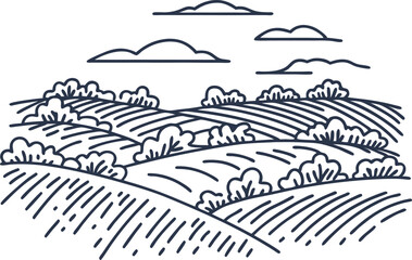 peaceful countryside landscape with rolling hills and clouds in minimalist line art