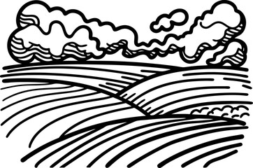 Abstract landscape drawing with swirling clouds and curved fields in black and white