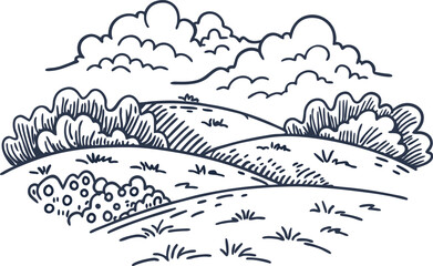 Peaceful countryside landscape with rolling hills and clouds in minimalist sketch art