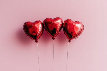 Three red heart-shaped balloons on a pink background
