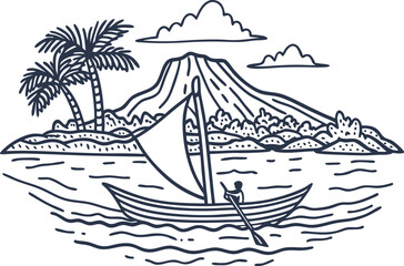 sailing boat on ocean near tropical island with palm trees and volcano in background