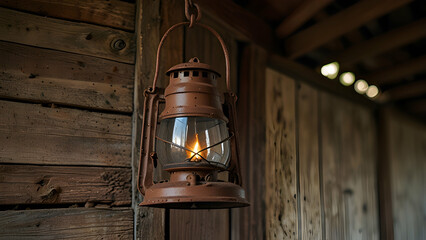Warm Nostalgia A Glowing Lantern on a Wooden Wall