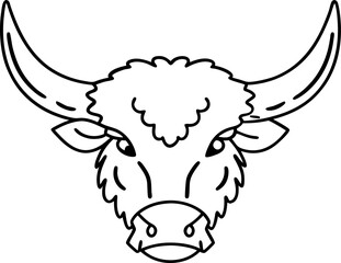 Fototapeta premium Illustration of bull head with large horns in minimalist black and white line art