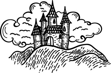 Obraz premium medieval castle on hill with dramatic clouds vintage fairytale illustration, enchanting fantasy art scene
