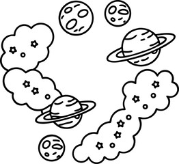 Illustrated cosmic scene with planets, moons, and stars in a circular cloud formation