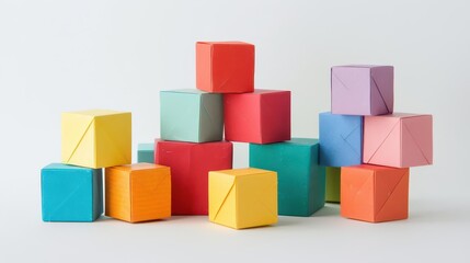 Obraz premium A colorful arrangement of geometric blocks stacked creatively on a light background.