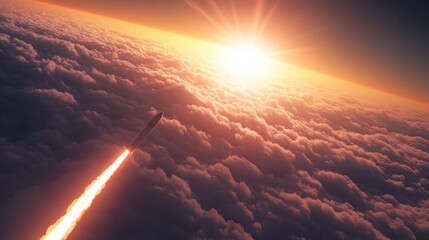 Missile soars above the clouds towards the rising sun