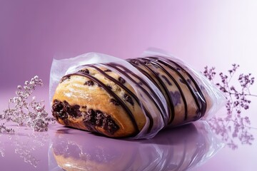Delicious chocolate pastry presented with elegant purple floral decoration