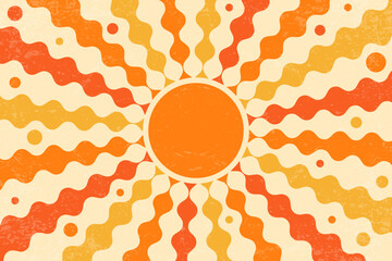 Groovy sun with swirl rays. Retro spiral beams pattern. Abstract 70s vintage poster. Summer radial wavy stripes. Orange and yellow textured sunburst wallpaper. Vector
