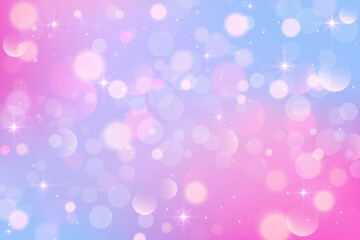 Rainbow unicorn background with stars pattern. Pink and purple cute sky with sparkles. Fantasy pastel magic blurred wallpaper with bokeh and glitter. Abstract vector holographic fairy space. © Chorna_L
