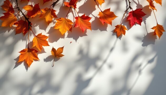 An elegant display of autumn leaves with shadows creating depth and dimension.