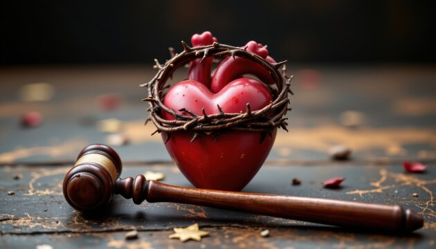 A symbolic image of a heart wrapped in a crown of thorns, with a gavel resting beside it.