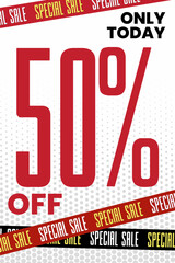 Bold Red 50% Off Discount Banner with Halftone Background