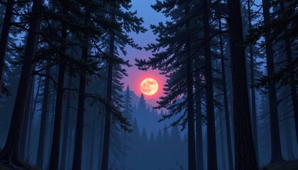 Fototapeta premium A tranquil forest scene with a glowing moon peeking through the branches of tall trees.