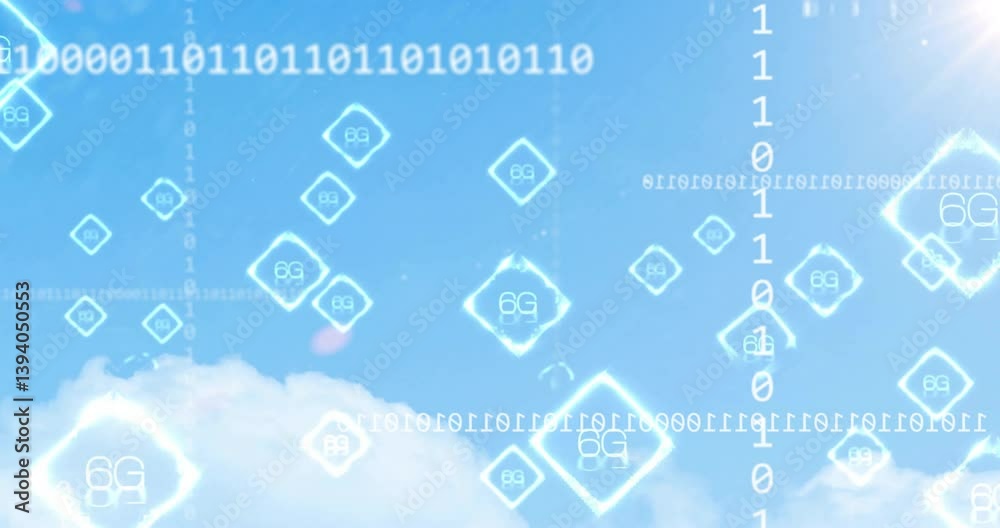 Poster animation of binary code and digital symbols floating in sky with clouds