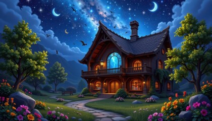 Fototapeta premium A magical library set in nature with an open roof, showcasing a dazzling night sky.