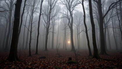 Obraz premium A foggy woodland with ethereal lights among the trees, hinting at hidden stars above.