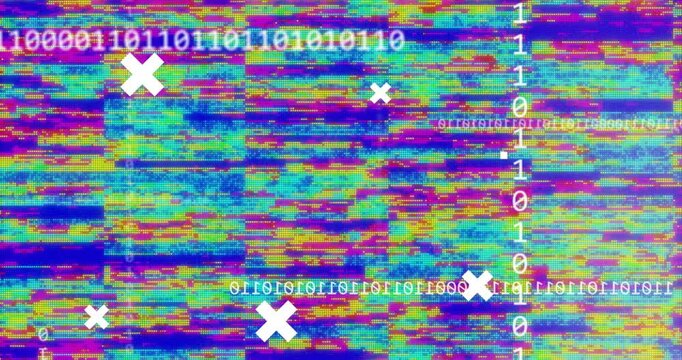 White crosses overlaying animation with binary code and colorful glitch patterns