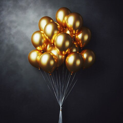 Elegant Cluster of Shiny Golden Balloons Against Dark Background
