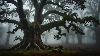 Mystical Tree Centerpiece in a Foggy Ancient Forest