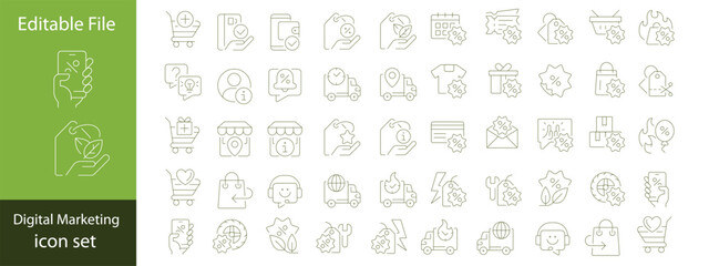 Set of outline icons digital marketing. Linear icon collection. Editable stroke. Vector illustration