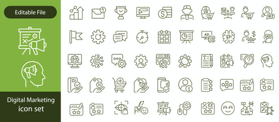 Set of outline icons digital marketing. Linear icon collection. Editable stroke. Vector illustration