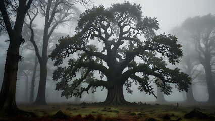 Mystical Forest A Towering Tree Amidst a Foggy Wilderness