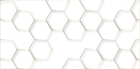 Abstract white background with golden hexagons seamless pattern and geometric in vector design. Futuristic blue neon honeycombs. Modern technology design .Minimal style website banner, decoration .