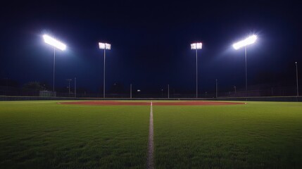 Empty illuminated baseball field at night