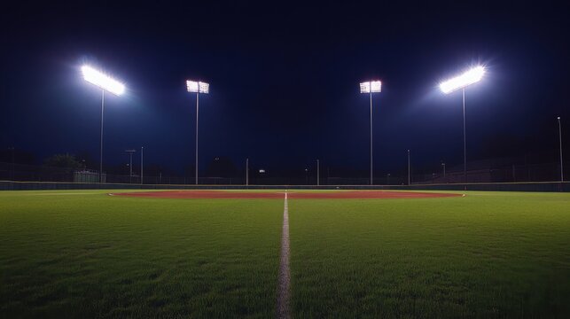 Empty illuminated baseball field at night