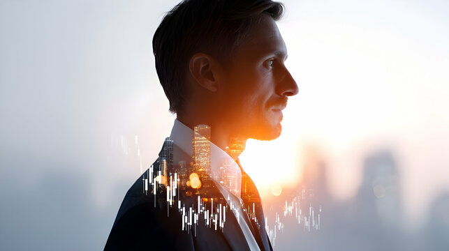 Envisioning financial success businessman with cityscape stock market overlay