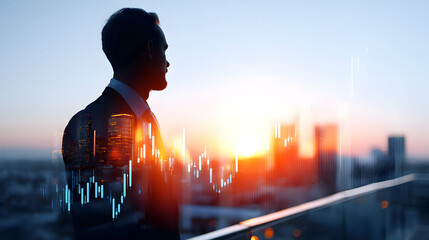 Visionary businessman observing financial growth over a cityscape at sunset