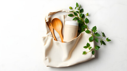 Eco-friendly tote bag with eco-friendly bamboo spoon and fork, reusable coffee cup and fresh green, sustainable lifestyle, plastic-free concept.
