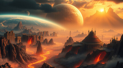 Collapsed buildings cling to the edges of tectonic cliffs, while molten lava glows from the depths below.