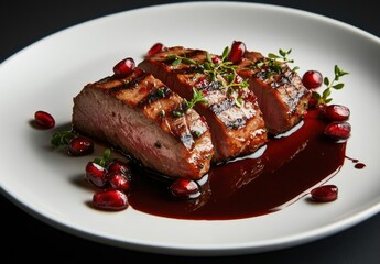 Delicious Sliced Grilled Steak with Pomegranate and Red Wine Reduction