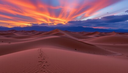 A dreamy desert landscape with rolling dunes in muted shades, contrasted by vibrant clouds during twilight.