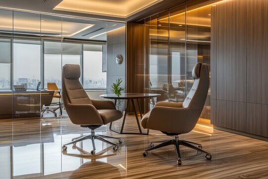 A stylish executive workspace with minimalist furniture, sophisticated glass partitions, high-backed ergonomic chairs, natural lighting casting warm reflections polished wood surfaces