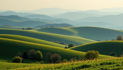 Obraz premium A serene landscape featuring rolling hills of green and gold, with hints of delicate blossoms under a hazy sky.